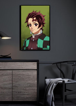 Sun Breathing Successor Tanjiro Wall Art featuring Tanjiro Kamado in Demon Slayer Corps uniform and checkered haori on 3mm acrylic in a room display, artwork by Sam DelaTorre.