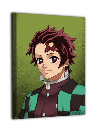 Sun Breathing Successor Tanjiro Wall Art featuring Tanjiro Kamado in Demon Slayer Corps uniform and checkered haori on hand-stretched gloss canvas, artwork by Sam DelaTorre.