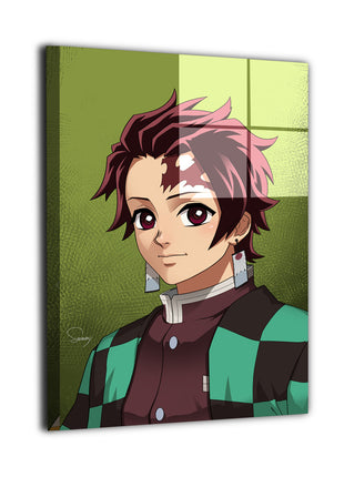 Sun Breathing Successor Tanjiro Wall Art featuring Tanjiro Kamado in Demon Slayer Corps uniform and checkered haori on dye-sublimated metal, artwork by Sam DelaTorre.