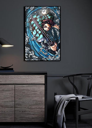 Water Blade Fury Tanjiro Wall Art featuring Tanjiro Kamado performing Water Breathing with his Nichirin Sword on 3mm acrylic in a room display, artwork by Ray Dash.