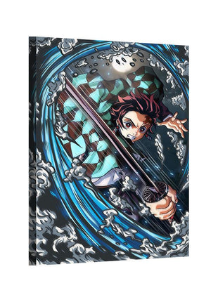 Water Blade Fury Tanjiro Wall Art featuring Tanjiro Kamado performing Water Breathing with his Nichirin Sword on hand-stretched gloss canvas, artwork by Ray Dash.