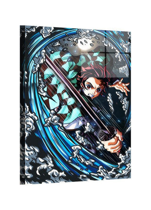 Water Blade Fury Tanjiro Wall Art featuring Tanjiro Kamado performing Water Breathing with his Nichirin Sword on dye-sublimated metal, artwork by Ray Dash.