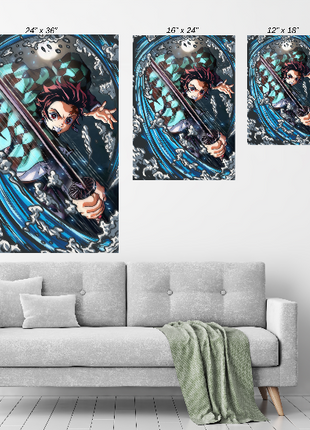 Water Blade Fury Tanjiro Wall Art size chart comparing available print dimensions for Acrylic, Canvas, and Metal.