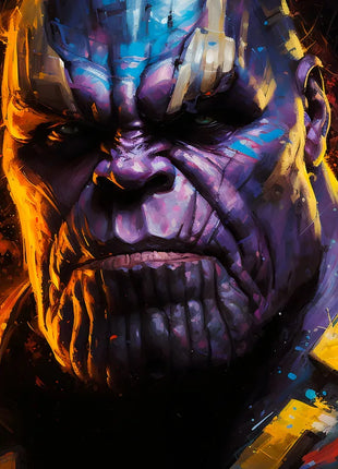Thanos Gilded Reckoning original artwork showing a purple face, ridged chin and gold armor against black.