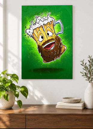 Grinning cartoon beer mug with a brown beard and overflowing foam on bright green displayed above a console table in a room setting