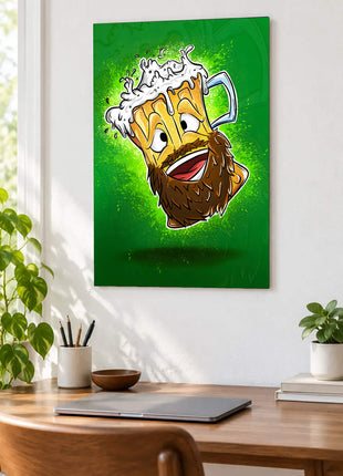 Grinning cartoon beer mug with a brown beard and overflowing foam on bright green displayed above a desk in a room setting