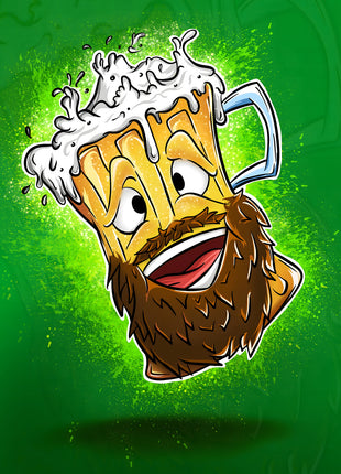 Grinning cartoon beer mug with a brown beard and overflowing foam on bright green