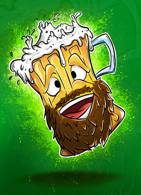 Grinning cartoon beer mug with a brown beard and overflowing foam on bright green