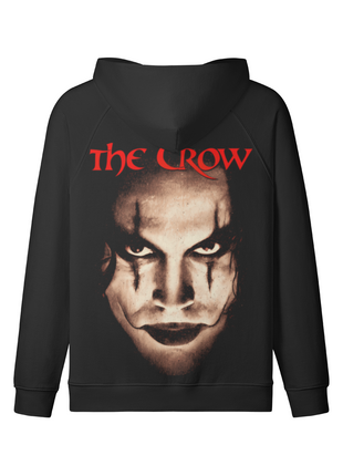 Full back view of The Crow Classic Portrait zip-up hoodie, with Eric Draven's intense gaze centered beneath the red title and lowered hood.