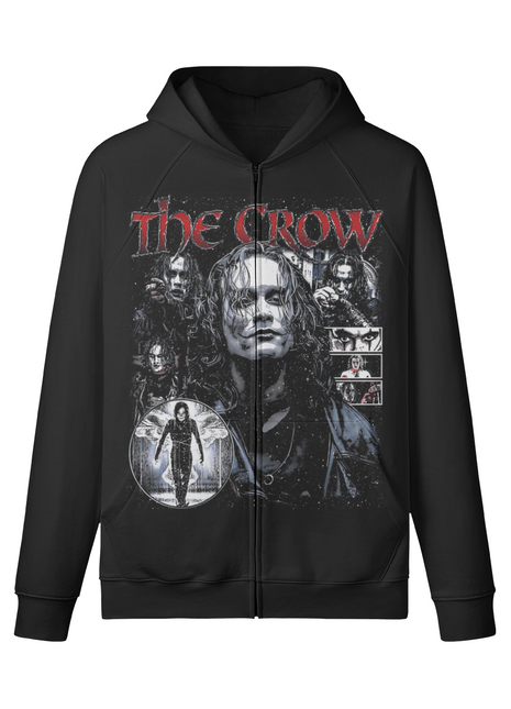 Full front view of The Crow Eric Draven Collage black zip-up hoodie, showing the central portrait, circular vignette and smaller image panels.