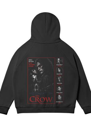Flat back view of the black hoodie with the red-bordered Eric Draven poster collage below the hood.