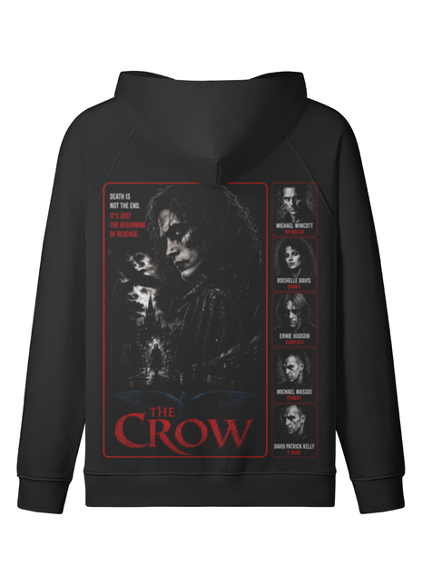 Back of a black zip-up hoodie with Eric Draven poster artwork, red borders, The Crow lettering and a strip of cast portraits.