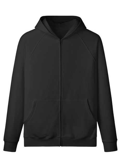 Plain black front of The Crow Got Your Back hoodie, showing the full-length zipper and divided kangaroo pocket.