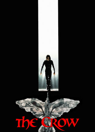Eric Draven stepping through a white doorway above a crow-and-eyes motif and red The Crow lettering, full Threshold of the Crow artwork.