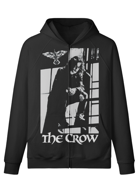 Full front view of The Crow Window Shadows black zip-up hoodie, with a black-and-white Eric Draven window scene spanning the zipper.