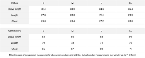 Size chart for The Crow Window Shadows zip-up hoodie, sizes S–XL, with flat chest, length and sleeve measurements in inches and centimeters.