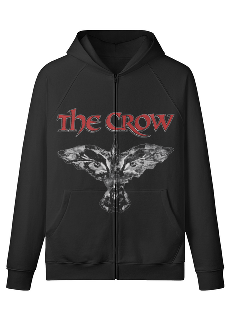 Full front view of The Crow Winged Eyes black zip-up hoodie, showing the spread-wing crow-and-eyes emblem across the center zipper.
