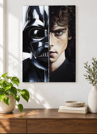 Black Darth Vader helmet joined with Anakin Skywalker's face in a split portrait displayed above a console table in a room setting