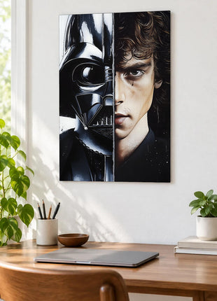 Black Darth Vader helmet joined with Anakin Skywalker's face in a split portrait displayed above a desk in a room setting