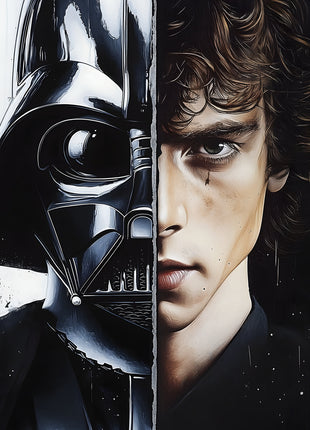 Black Darth Vader helmet joined with Anakin Skywalker's face in a split portrait