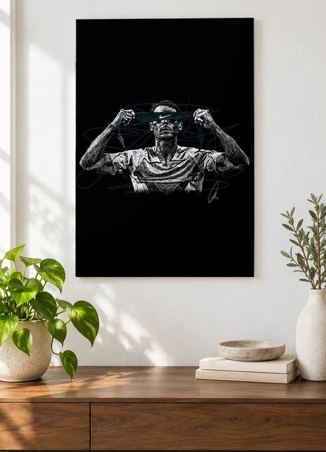 The Green Headband Ritual acrylic wall art displayed above a wooden console with plants and books against a white wall.
