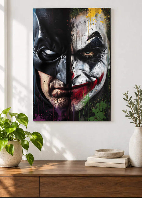 Close split face of Batman and Joker with black cowl, white makeup and a red grin displayed above a console table in a room setting