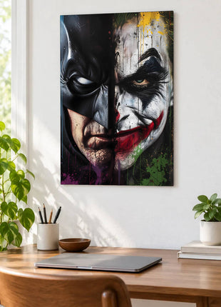 Close split face of Batman and Joker with black cowl, white makeup and a red grin displayed above a desk in a room setting