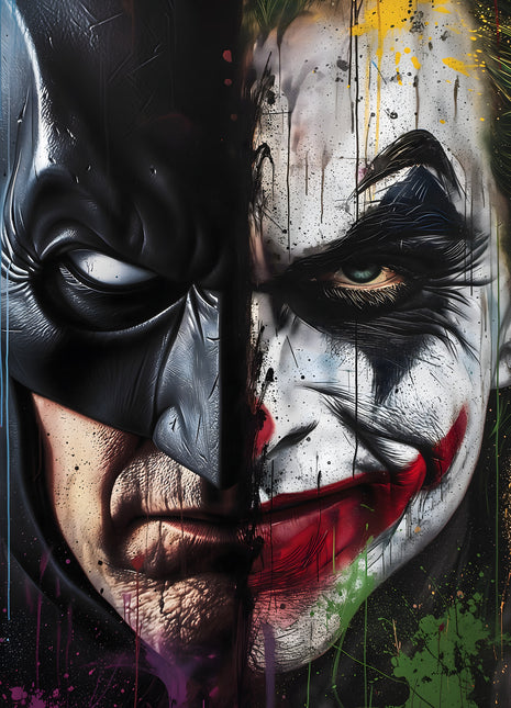 Close split face of Batman and Joker with black cowl, white makeup and a red grin