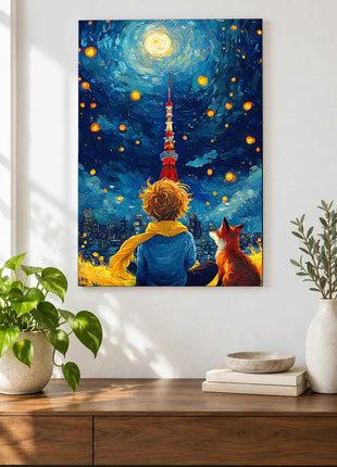 Little Prince and fox facing a distant tower beneath a blue sky of golden lights displayed above a console table in a room setting