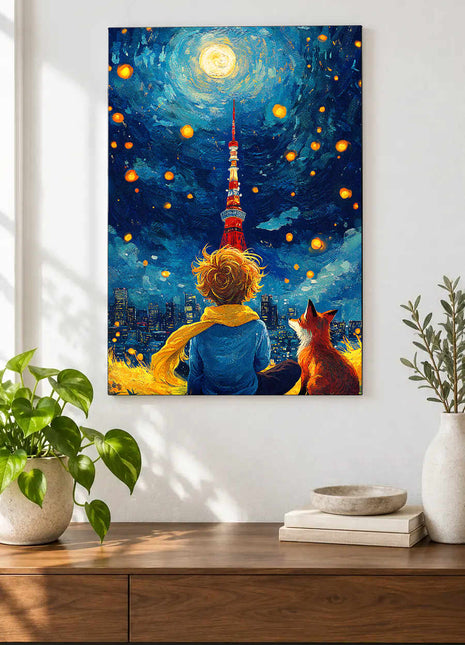 Little Prince and fox facing a distant tower beneath a blue sky of golden lights displayed above a console table in a room setting