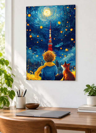 Little Prince and fox facing a distant tower beneath a blue sky of golden lights displayed above a desk in a room setting