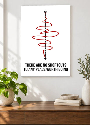 The Winding Way Forward acrylic wall art displayed above a wooden console with plants and books against a white wall.