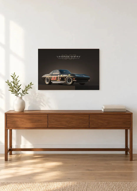 Thirty-Three Thunder wall art displayed as a frameless piece above a wooden console against a light wall
