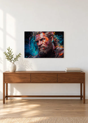 Thor Stormweathered Gaze acrylic wall art displayed above a wooden console with a leafy vase and stacked books against a white wall.