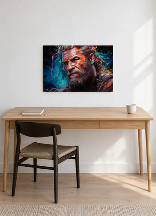 Thor Stormweathered Gaze acrylic wall art displayed above a wooden desk with a notebook, pencil and white mug against a white wall.