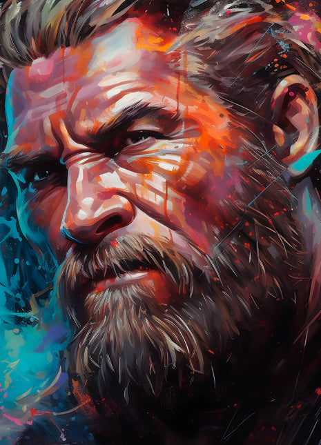 Thor Stormweathered Gaze original artwork with a bearded three-quarter portrait, dark armor and teal-copper paint.