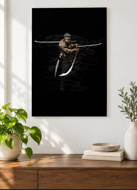 Three Blades Through Darkness acrylic wall art displayed above a wooden console with plants and books against a white wall.