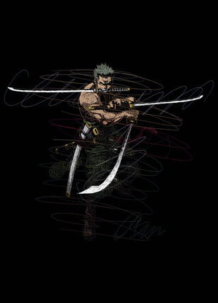 Roronoa Zoro with green hair and three bright swords amid gray looping lines on a black background.