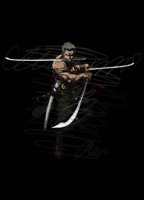 Roronoa Zoro with green hair and three bright swords amid gray looping lines on a black background.
