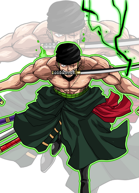 Three Blades Unbound Wall Art featuring Roronoa Zoro charging with all three swords in Three Sword Style from One Piece, artwork available in acrylic, canvas, and metal, by Emmanuel Centeno.