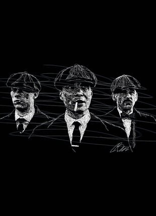 Three Peaky Blinders figures wearing flat caps and suits, with a larger cigarette-holding central portrait on black.