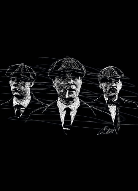 Three Peaky Blinders figures wearing flat caps and suits, with a larger cigarette-holding central portrait on black.