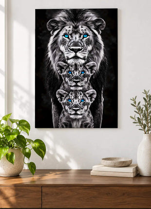 One lion and two cubs stacked vertically with selective bright blue eyes displayed above a console table in a room setting