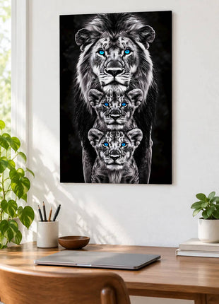 One lion and two cubs stacked vertically with selective bright blue eyes displayed above a desk in a room setting