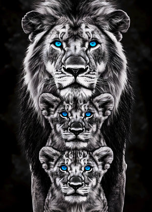 One lion and two cubs stacked vertically with selective bright blue eyes