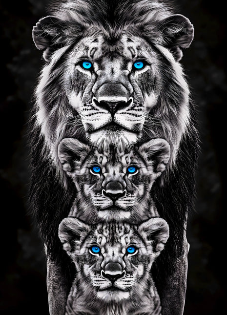 One lion and two cubs stacked vertically with selective bright blue eyes