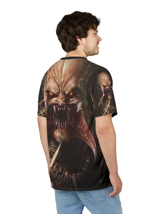 Three-quarter back view of the Predator Prey graphic T-shirt on a model.