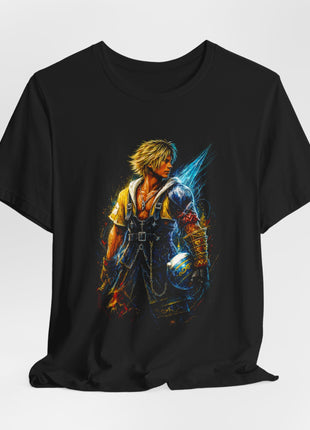 Draped front view of the black Tidus Blue Blade Graphic T-Shirt.