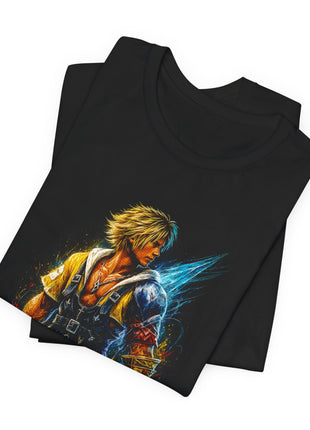 Folded view of the black Tidus Blue Blade Graphic T-Shirt.