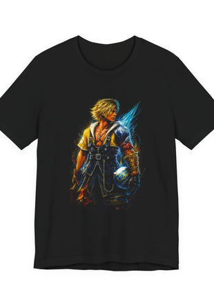 Front view of the black Tidus Blue Blade Graphic T-Shirt.